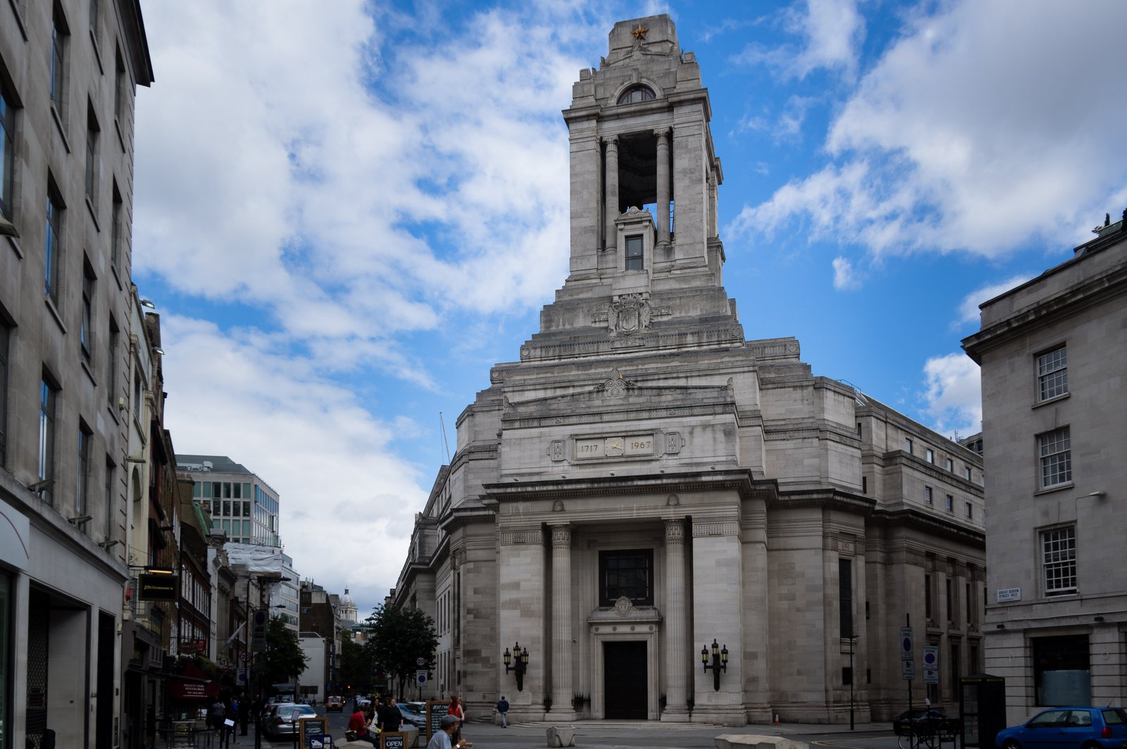 Freemasons’ Hall in Great Queen Street, London, headquarters of the United Grand Lodge of England: a stepped stone tower rising above a columned entrance, with the dates 1717 and 1967 carved on a panel below the tower.