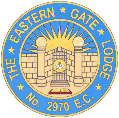 The seal of Eastern Gate Lodge No. 2970 E.C.: an open gate between two pillars beneath a rising sun, a square and compasses at its centre and an open book below, ringed in blue and lettered THE EASTERN GATE LODGE No. 2970 E.C.